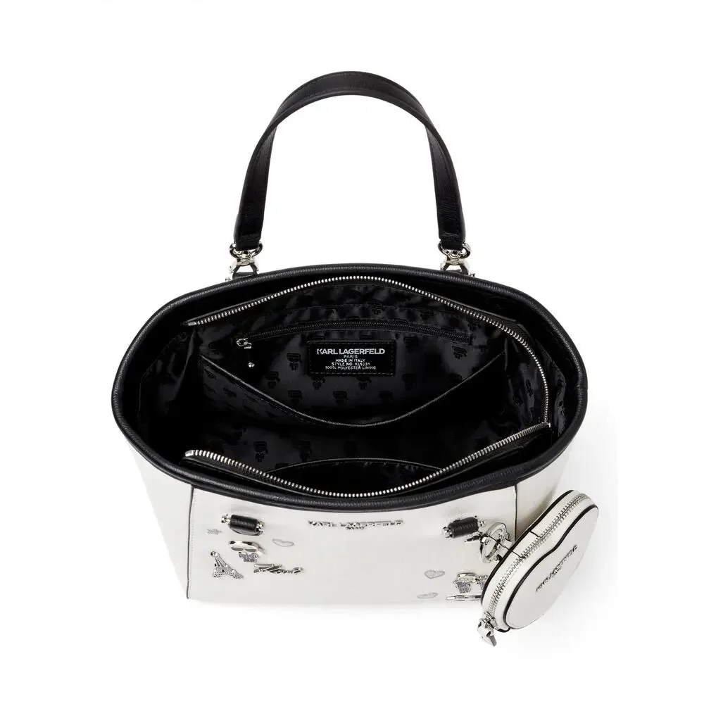 Karl Lagerfeld Paris White Black Satchel Tote Bag Charm NWT